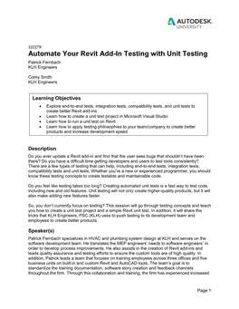 Automate Your Revit Add-In Testing with Unit Testing Patrick Fernbach KLH Engineers