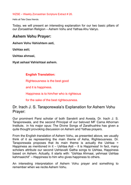 Dr. Irach JS Taraporewala's Explanation for Ashem Vohu Prayer