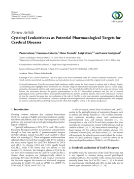 Cysteinyl Leukotrienes As Potential Pharmacological Targets for Cerebral Diseases