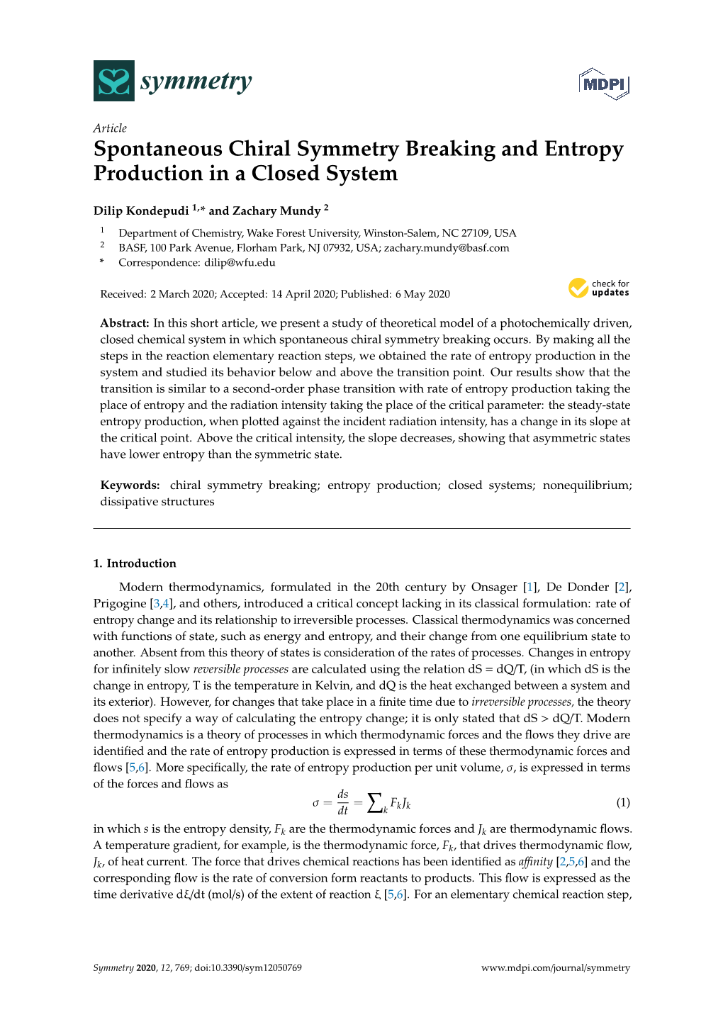 Spontaneous Chiral Symmetry Breaking and Entropy Production in a Closed System