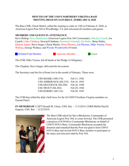 1 MINUTES of the USSVI NORTHERN VIRGINIA BASE MEETING HELD on SATURDAY, FEBRUARY 8, 2020 the Base CDR, Chuck Martin, Called