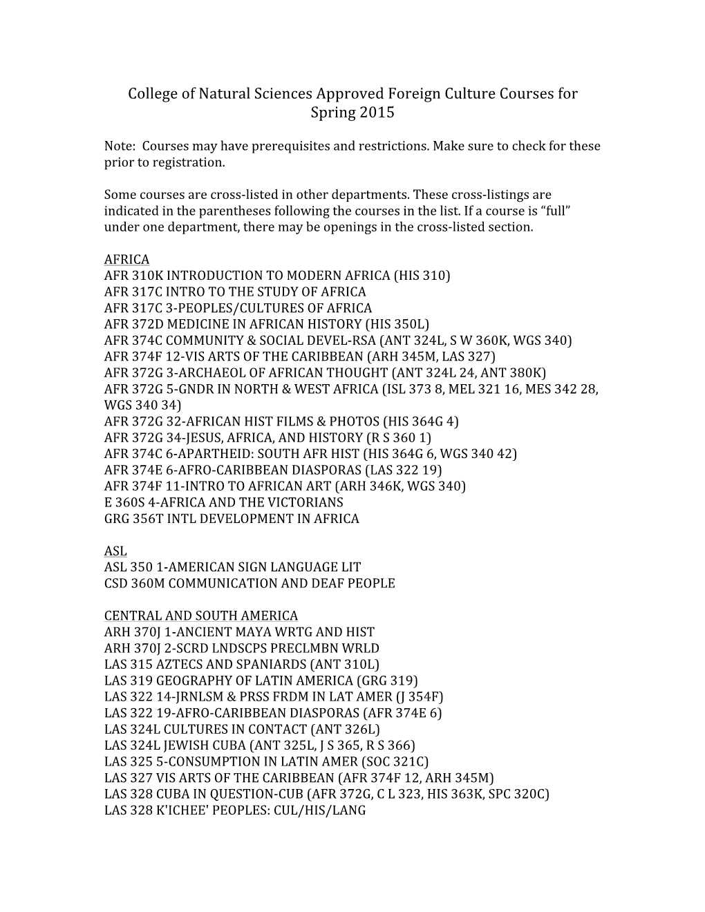 College of Natural Sciences Approved Foreign Culture Courses for Spring 2015