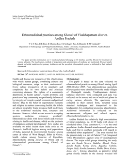 Ethnomedicinal Practices Among Khonds of Visakhapatnam District, Andhra Pradesh