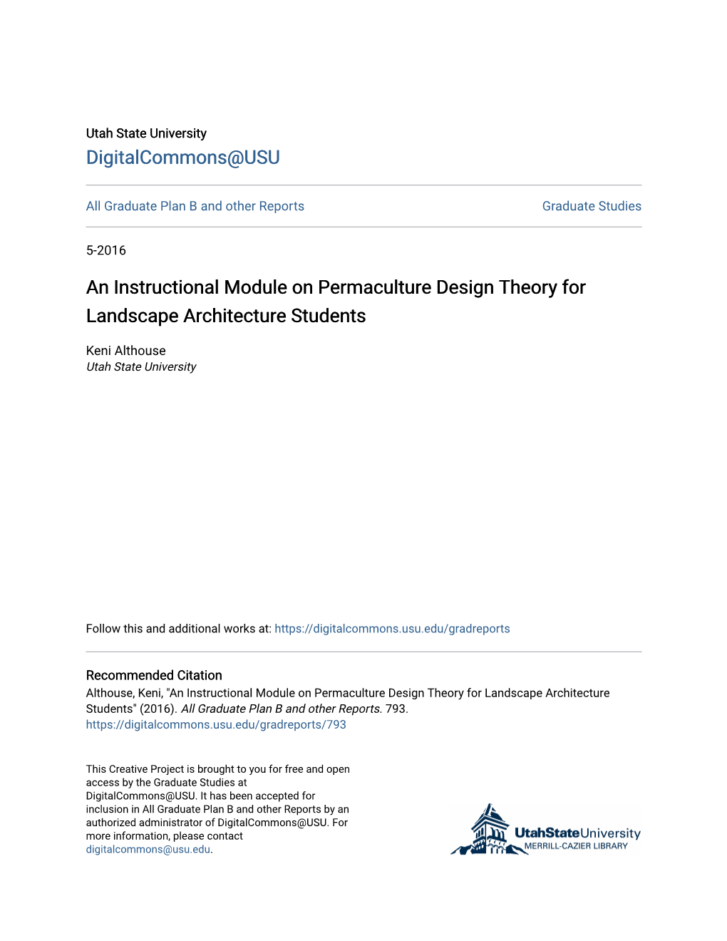 An Instructional Module on Permaculture Design Theory for Landscape Architecture Students