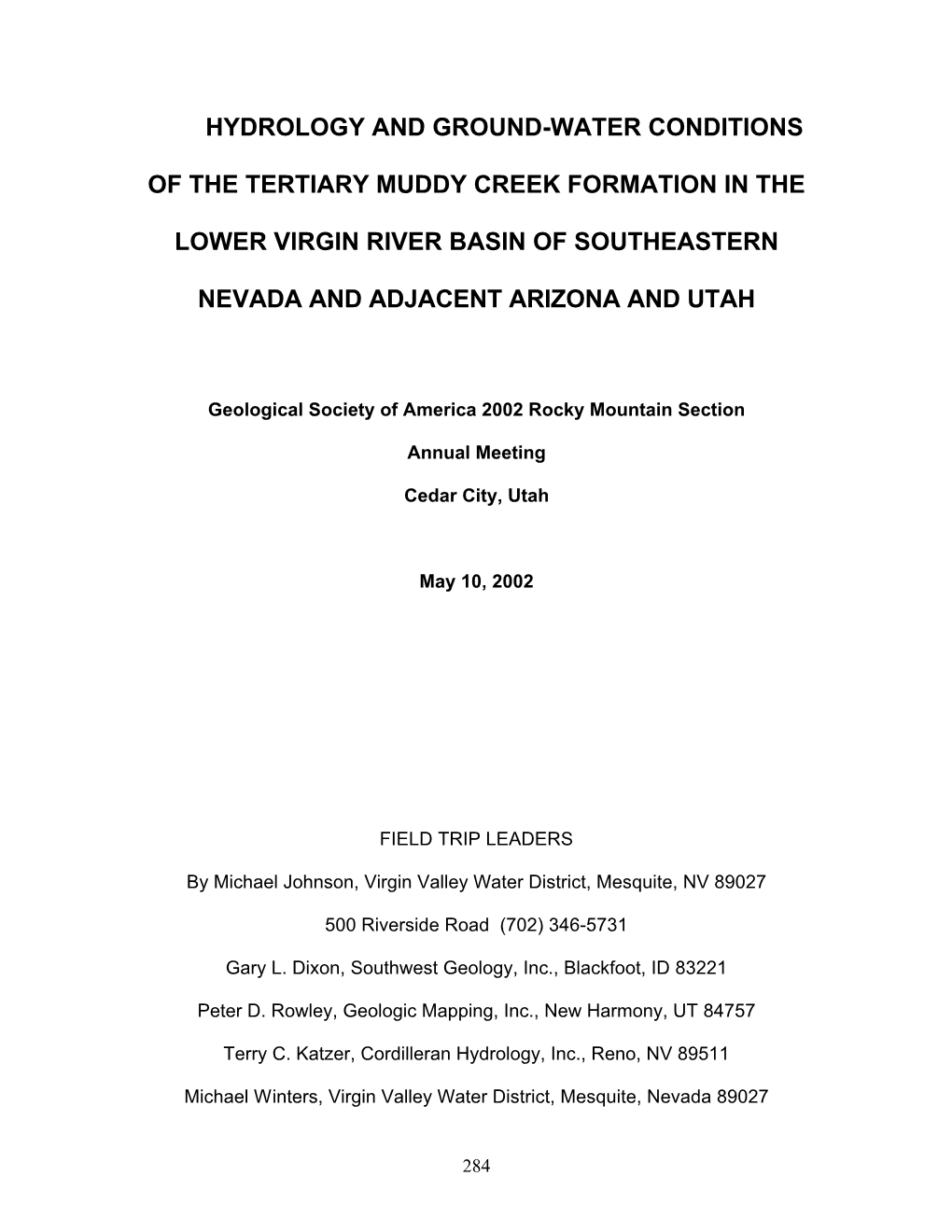 Hydrology and Ground-Water Conditions of the Tertiary Muddy Creek Formation in the Lower Virgin River Basin of Southeastern Neva