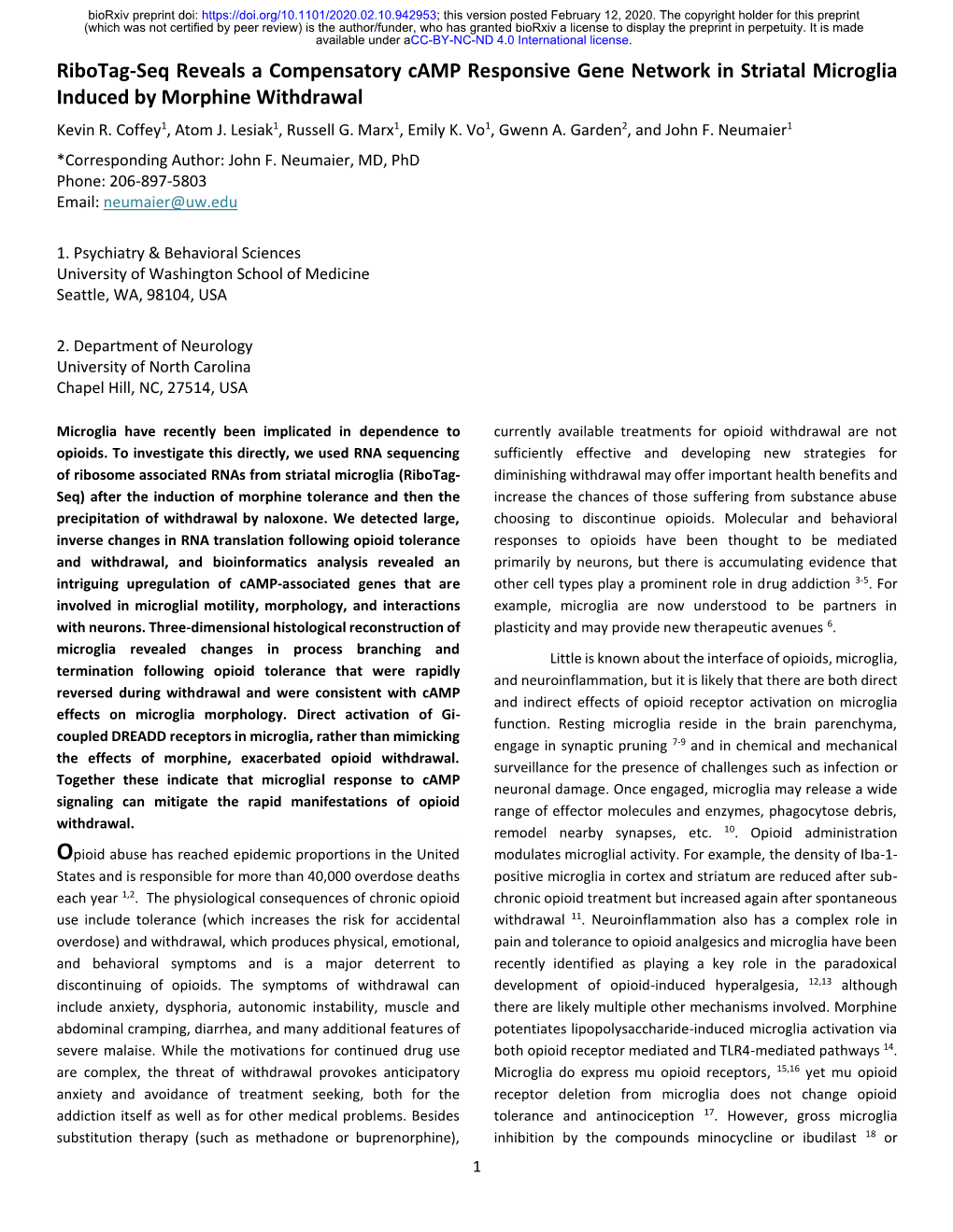 Ribotag-Seq Reveals a Compensatory Camp Responsive Gene Network in Striatal Microglia Induced by Morphine Withdrawal Kevin R