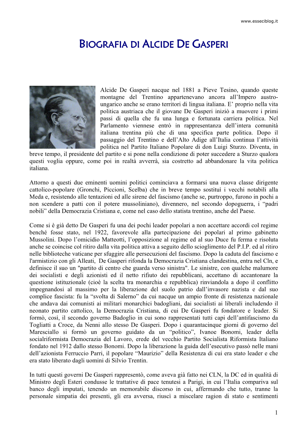 Biografia Di Alcide De Gasperi