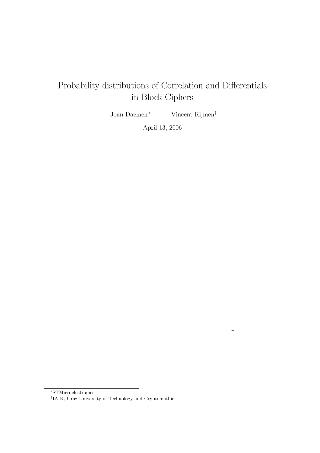 Probability Distributions of Correlation and Differentials in Block Ciphers