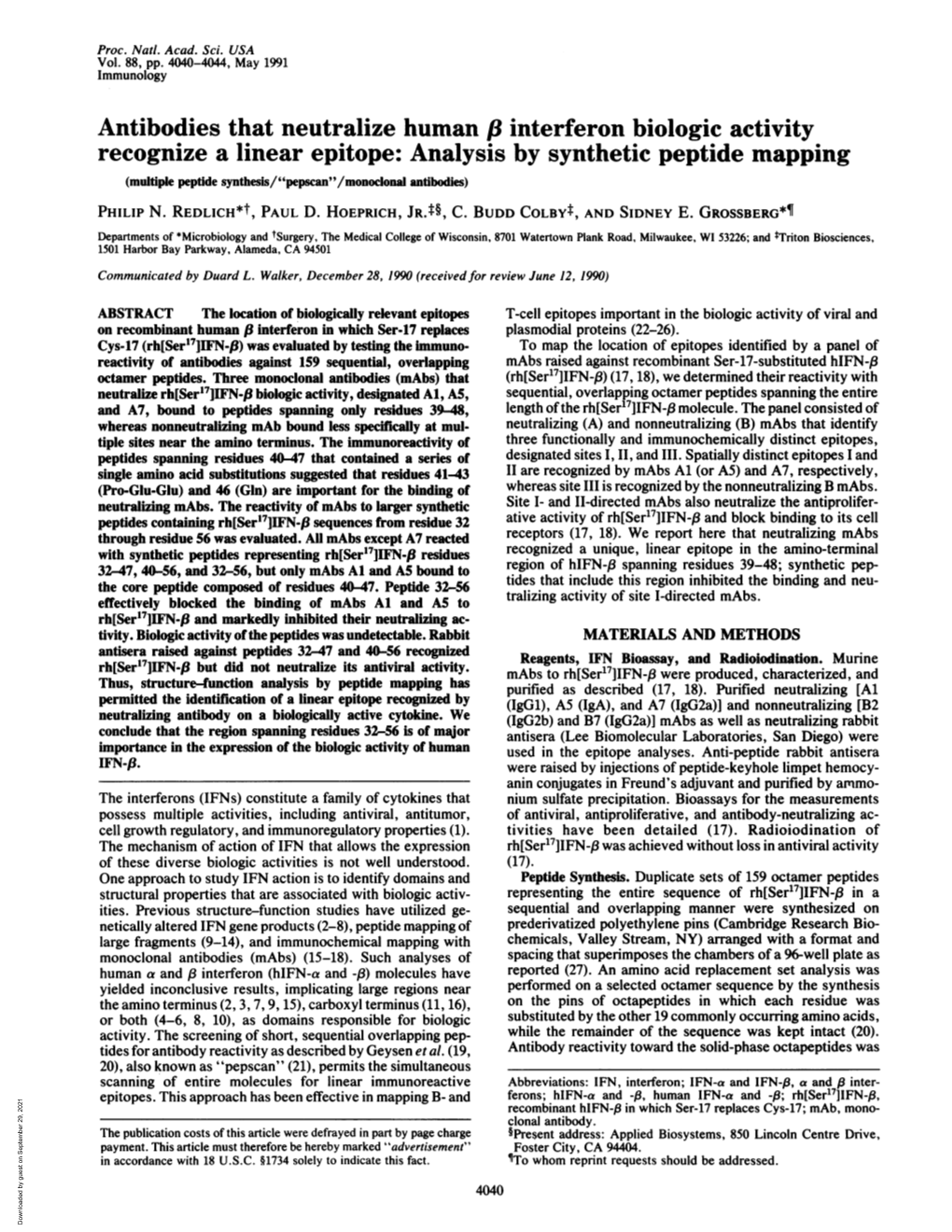 Antibodies That Neutralize Human I8 Interferon Biologic Activity Recognize a Linear Epitope: Analysis by Synthetic Peptide Mappi