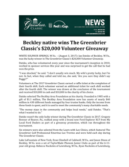 Beckley Native Wins the Greenbrier Classic's $20,000 Volunteer