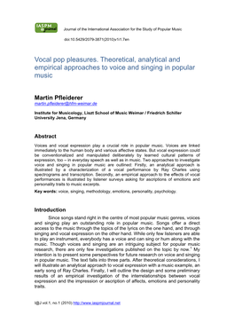 Vocal Pop Pleasures. Theoretical, Analytical and Empirical Approaches to Voice and Singing in Popular Music