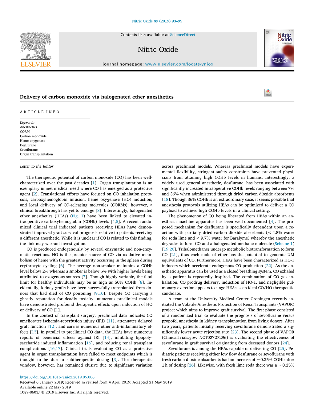 Delivery of Carbon Monoxide Via Halogenated Ether Anesthetics