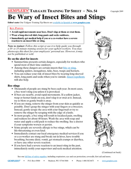 Be Wary of Insect Bites and Stings Editor’S Note: Our Tailgate Training Tip Sheets Are Available in Spanish At