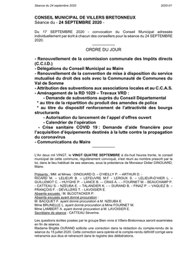 CONSEIL MUNICIPAL DE VILLERS BRETONNEUX Séance Du - 24 SEPTEMBRE 2020