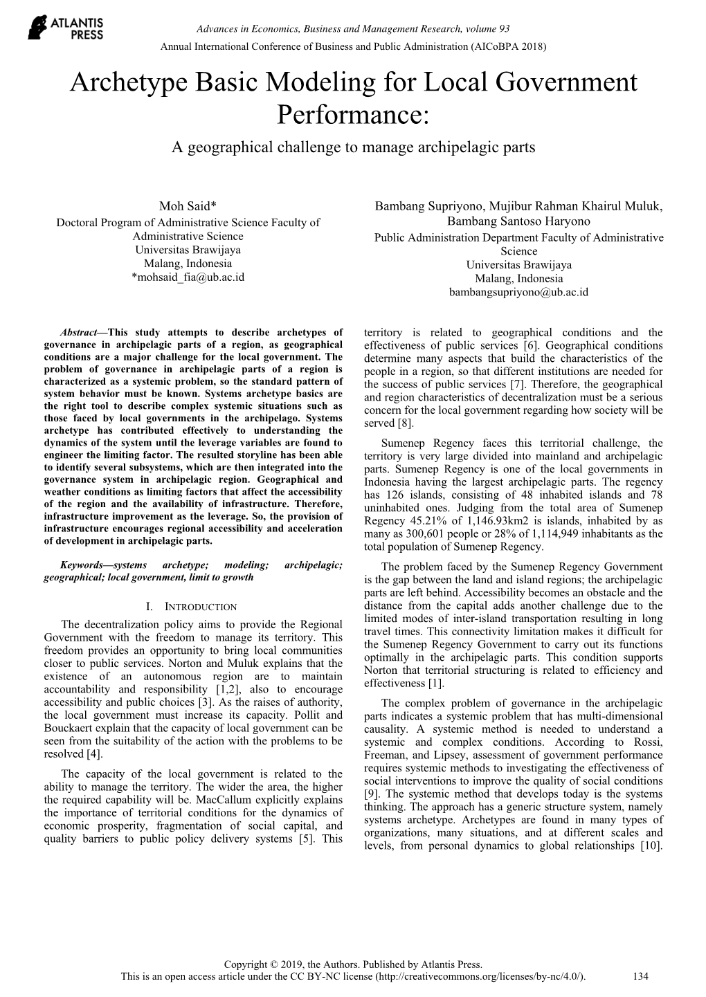 Archetype Basic Modeling for Local Government Performance: a Geographical Challenge to Manage Archipelagic Parts