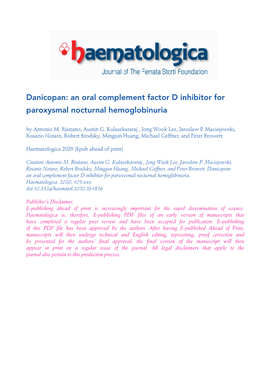 An Oral Complement Factor D Inhibitor for Paroxysmal Nocturnal Hemoglobinuria by Antonio M