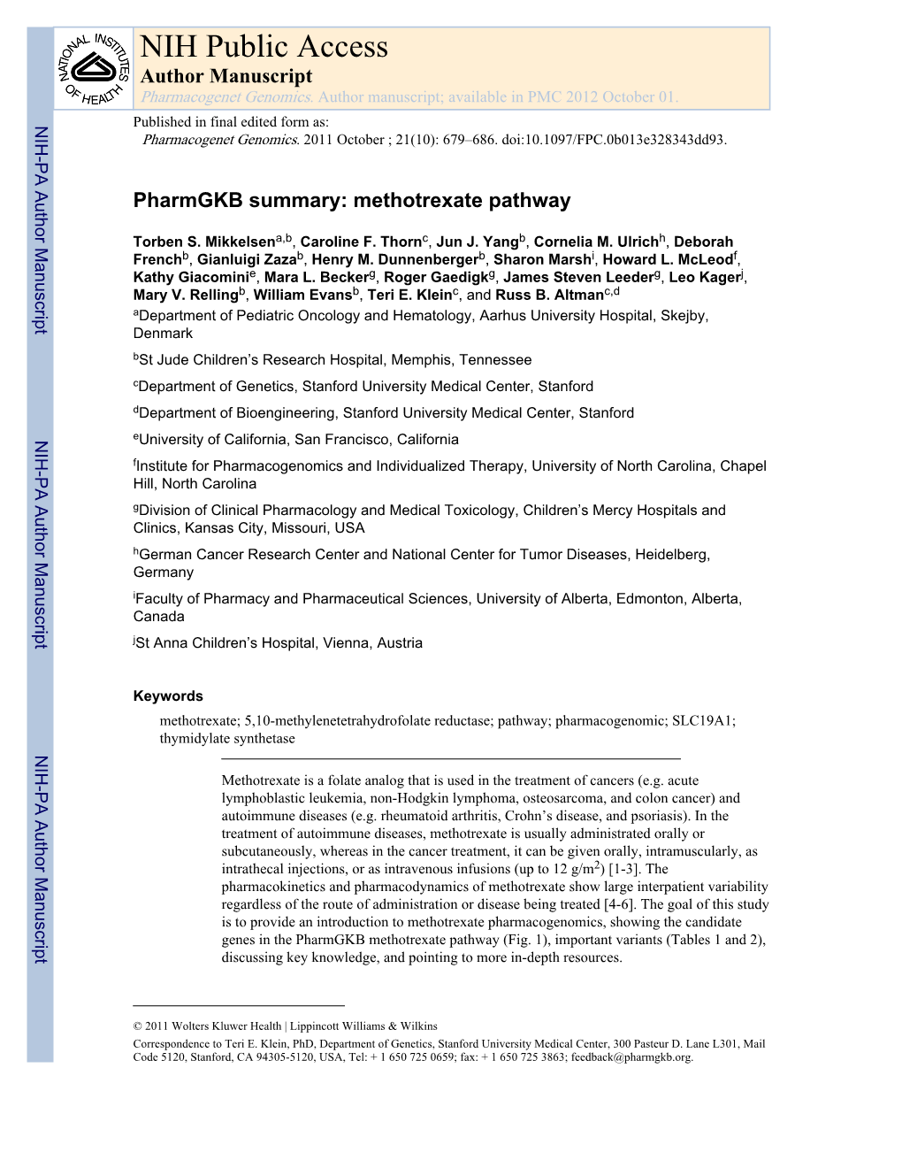 NIH Public Access Author Manuscript Pharmacogenet Genomics