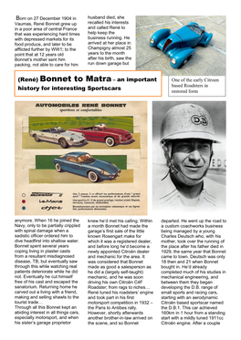 Bonnet to Matra – an Important One of the Early Citroen Based Roadsters in History for Interesting Sportscars Restored Form