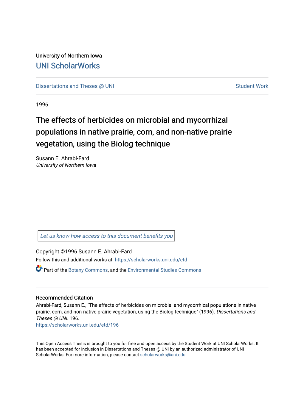 The Effects of Herbicides on Microbial and Mycorrhizal Populations in Native Prairie, Corn, and Non-Native Prairie Vegetation, Using the Biolog Technique