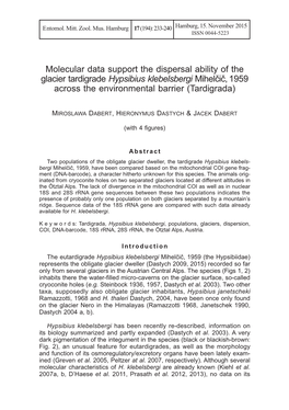 Molecular Data Support the Dispersal Ability of the Glacier Tardigrade Hypsibius Klebelsbergi Mihelčič, 1959 Across the Environmental Barrier (Tardigrada)