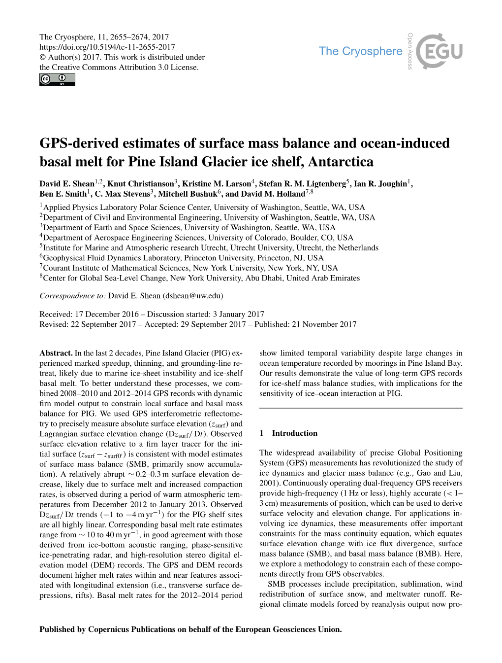 GPS-Derived Estimates of Surface Mass Balance and Ocean-Induced Basal Melt for Pine Island Glacier Ice Shelf, Antarctica