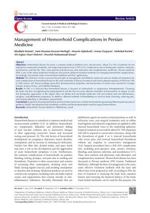 Management of Hemorrhoid Complications in Persian Medicine