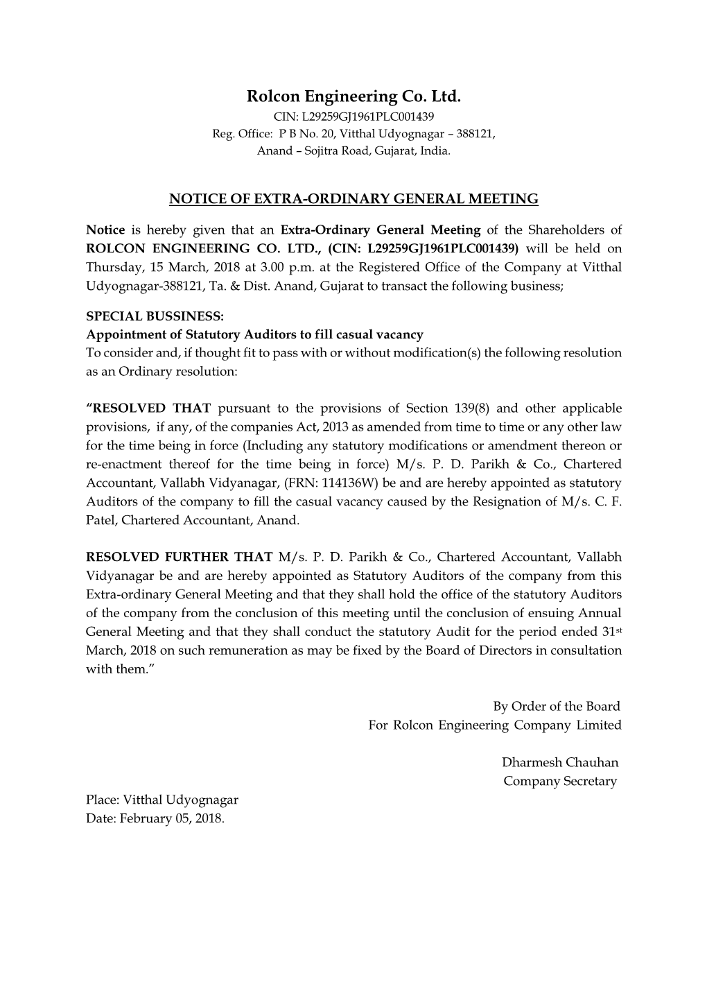 Notice of Extra-Ordinary General Meeting