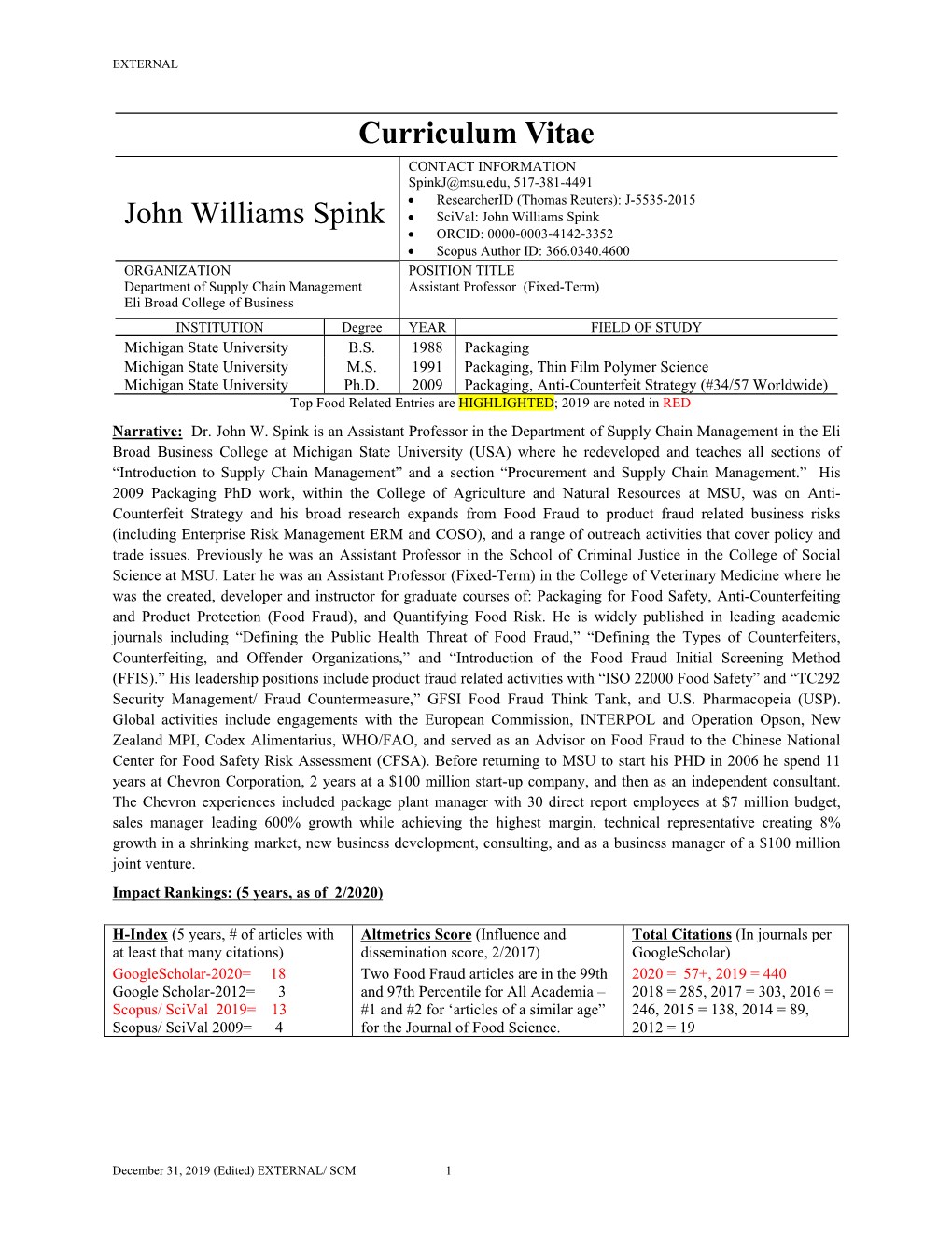 Curriculum Vitae John Williams Spink