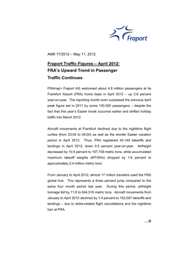 Fraport Traffic Figures – April 2012: FRA's Upward