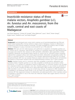 Insecticide Resistance Status of Three Malaria Vectors, Anopheles Gambiae (S.L.), An