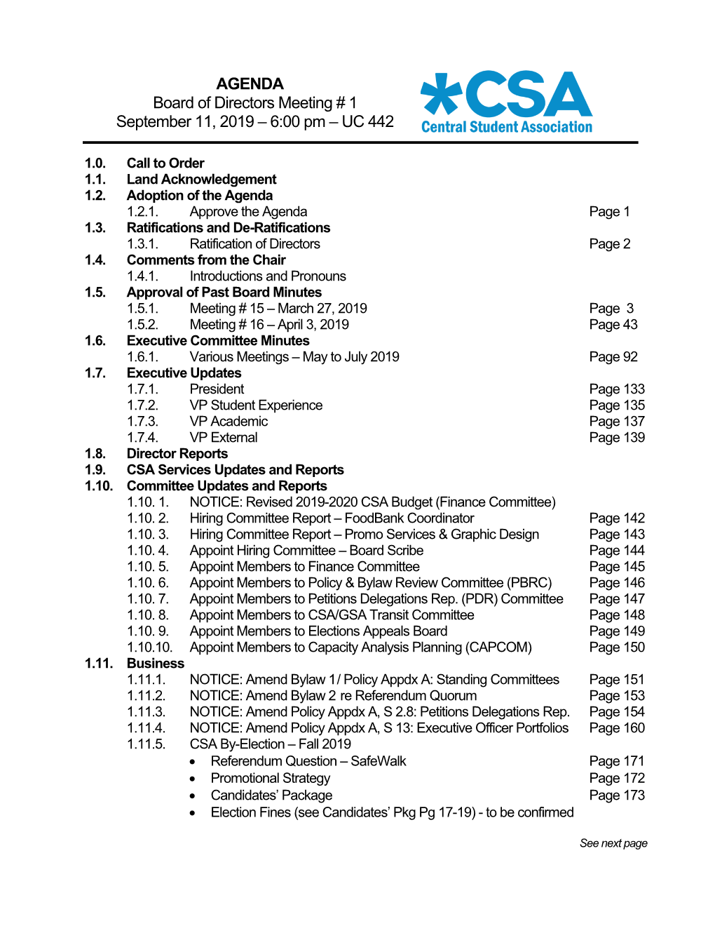 AGENDA Board of Directors Meeting # 1 September 11, 2019 – 6:00 Pm – UC 442