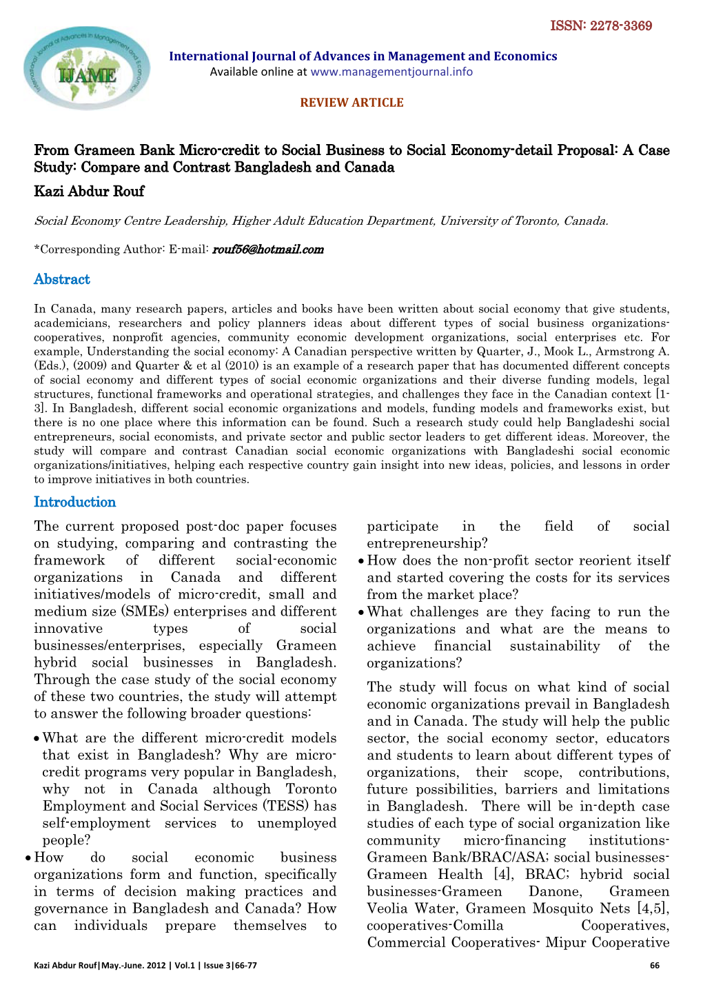 From Grameen Bank Micro-Credit to Social Business to Social Economy-Detail Proposal: a Case Study: Compare and Contrast Bangladesh and Canada Kazi Abdur Rouf