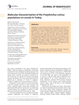 Molecular Characterization of the Pratylenchus Vulnus Populations on Cereals in Turkey