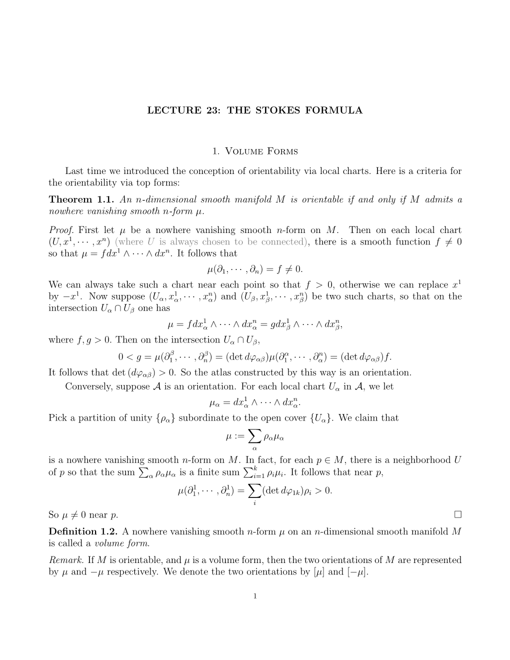 LECTURE 23: the STOKES FORMULA 1. Volume Forms Last