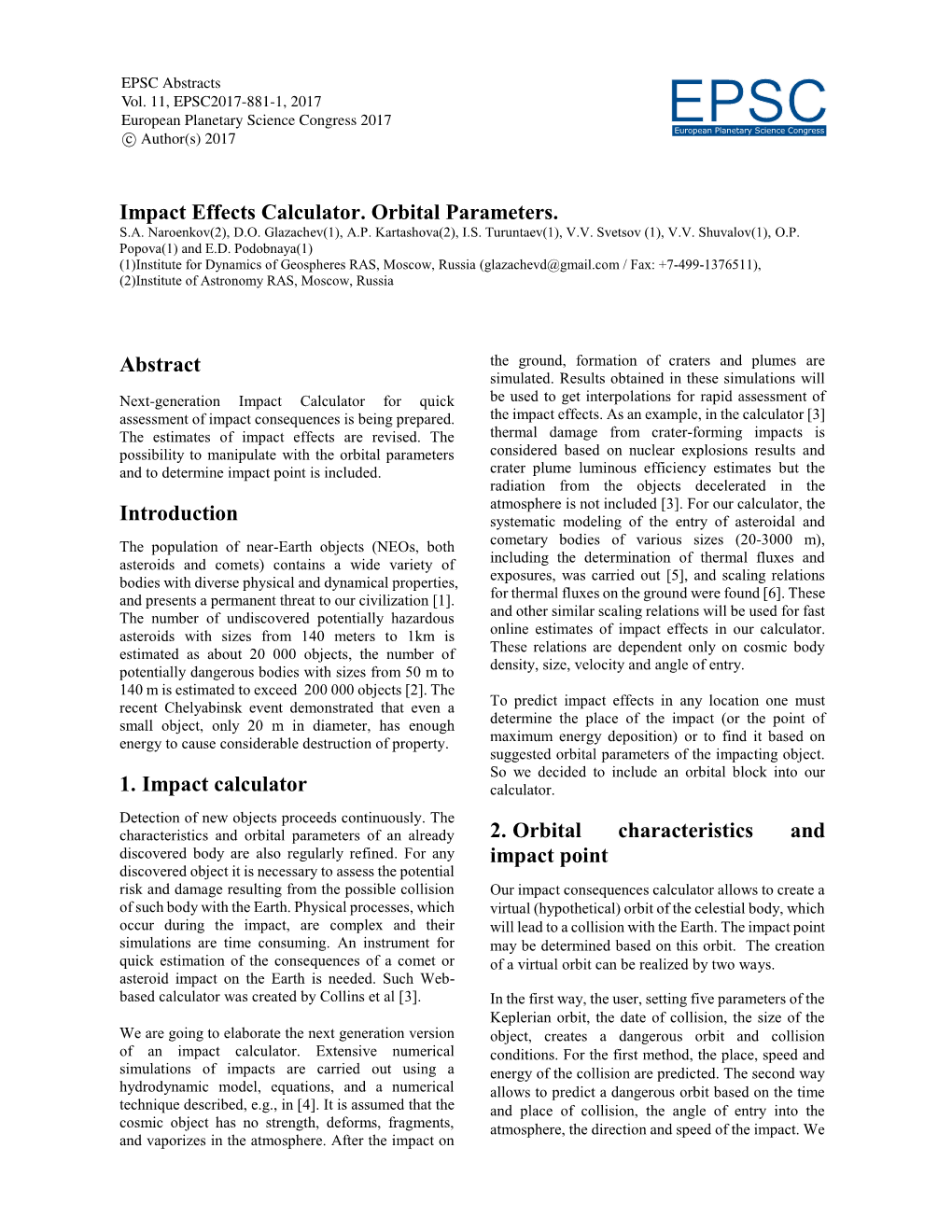 EPSC2017-881-1, 2017 European Planetary Science Congress 2017 Eeuropeapn Planetarsy Science Ccongress C Author(S) 2017