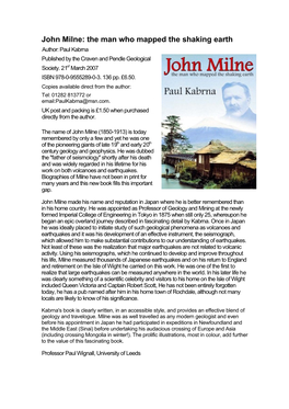 John Milne: the Man Who Mapped the Shaking Earth Author: Paul Kabrna Published by the Craven and Pendle Geological Society