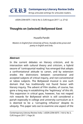 Thoughts on (Selected) Bollywood Geet