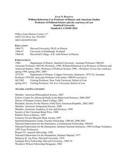 William Robertson Coe Professor of History and American Studies Professor of Political Science and (By Courtesy) of Law Stanford University Stanford CA 94305-2024