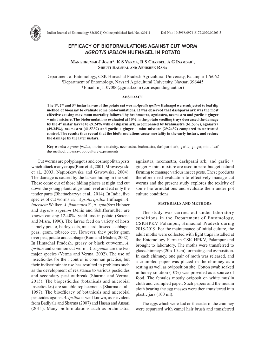 Efficacy of Bioformulations Against Cut Worm Agrotis Ipsilon Hufnagel in Potato