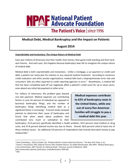 Medical Debt, Medical Bankruptcy and the Impact on Patients August 2014