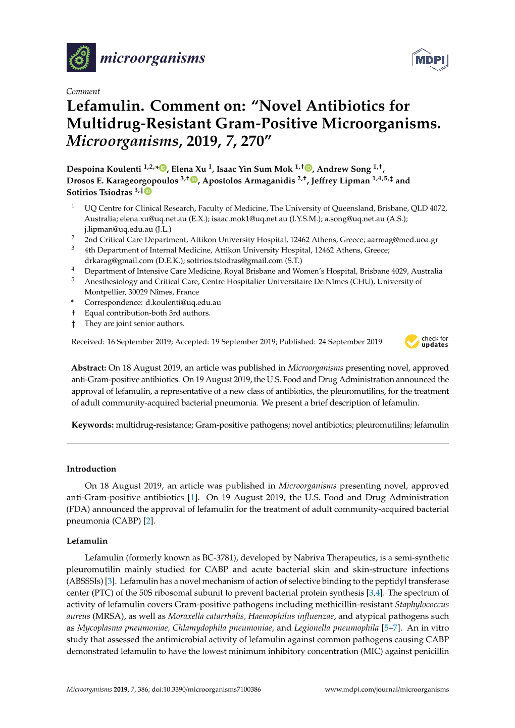 Lefamulin. Comment On: “Novel Antibiotics for Multidrug-Resistant Gram-Positive Microorganisms