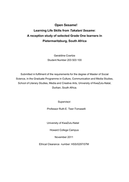 Learning Life Skills from Takalani Sesame: a Reception Study of Selected Grade One Learners in Pietermaritzburg, South Africa