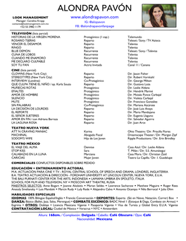 ALONDRA PAVÓN LOOK MANAGEMENT Manager: Carolina Kropp Contacto@Lookmanagement.Com.Mx IG: @Alopavon +52 55 3982 1179 FB: @Alondrapavonfanpage
