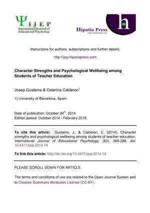 Character Strengths and Psychological Wellbeing Among Students of Teacher Education Josep Gustems & Caterina Calderon1