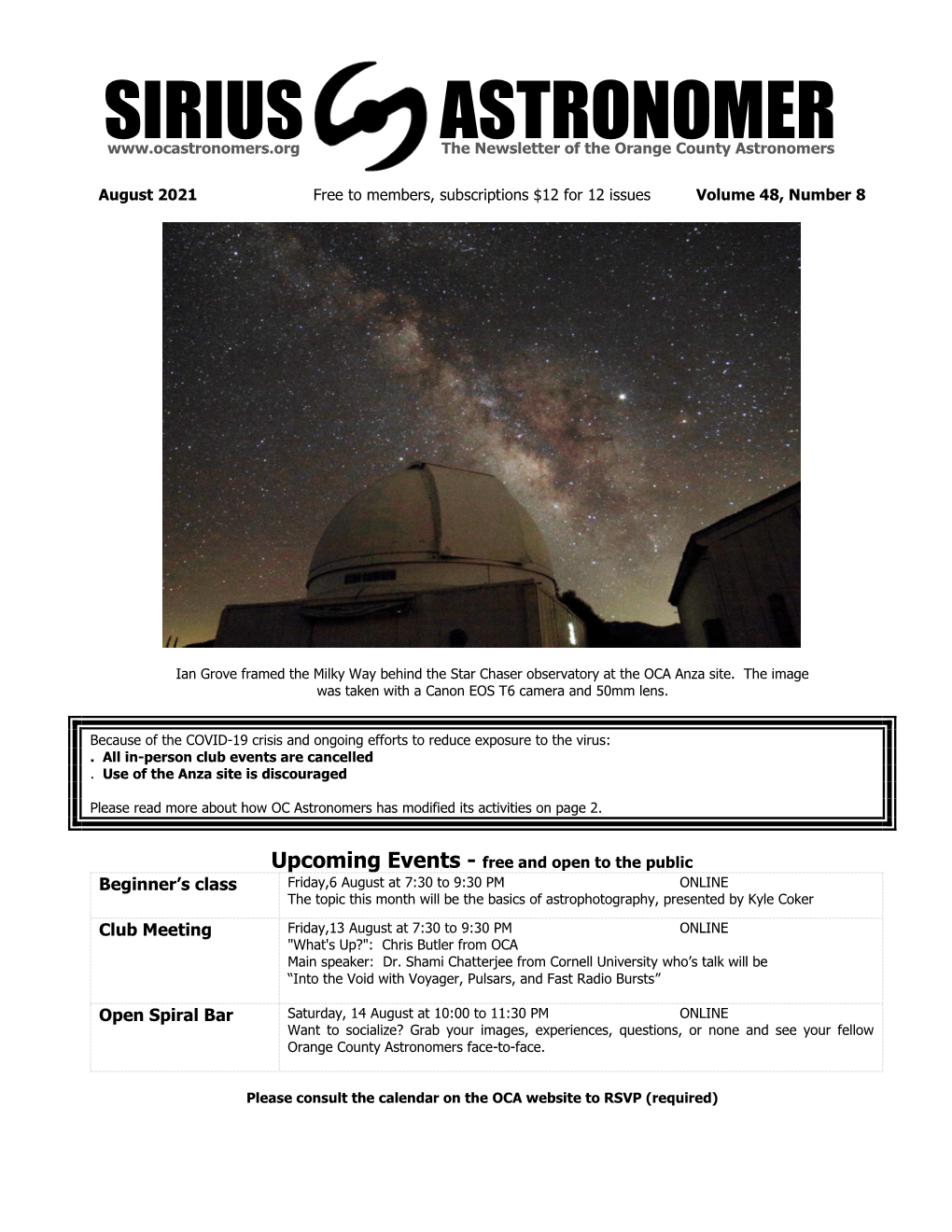 Sirius Astronomer Newsletter to Be the Most Tangible Asset of Membership in the OCA