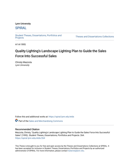 Quality Lighting's Landscape Lighting Plan to Guide the Sales Force Into Successful Sales
