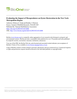 Evaluating the Impact of Mesopredators on Oyster Restoration in the New York Metropolitan Region Author(S): Rebecca E