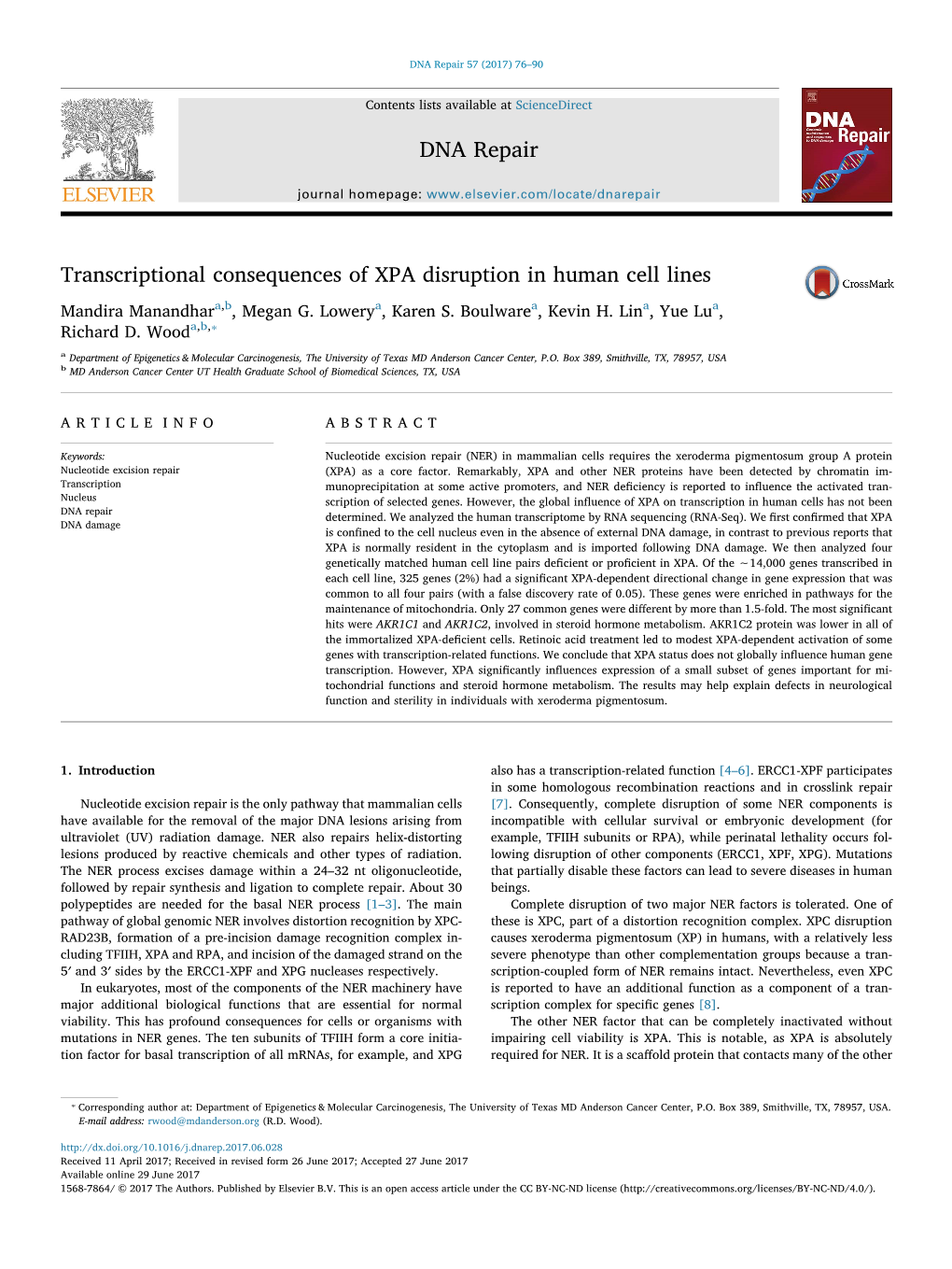 Transcriptional Consequences of XPA Disruption in Human Cell Lines MARK Mandira Manandhara,B, Megan G