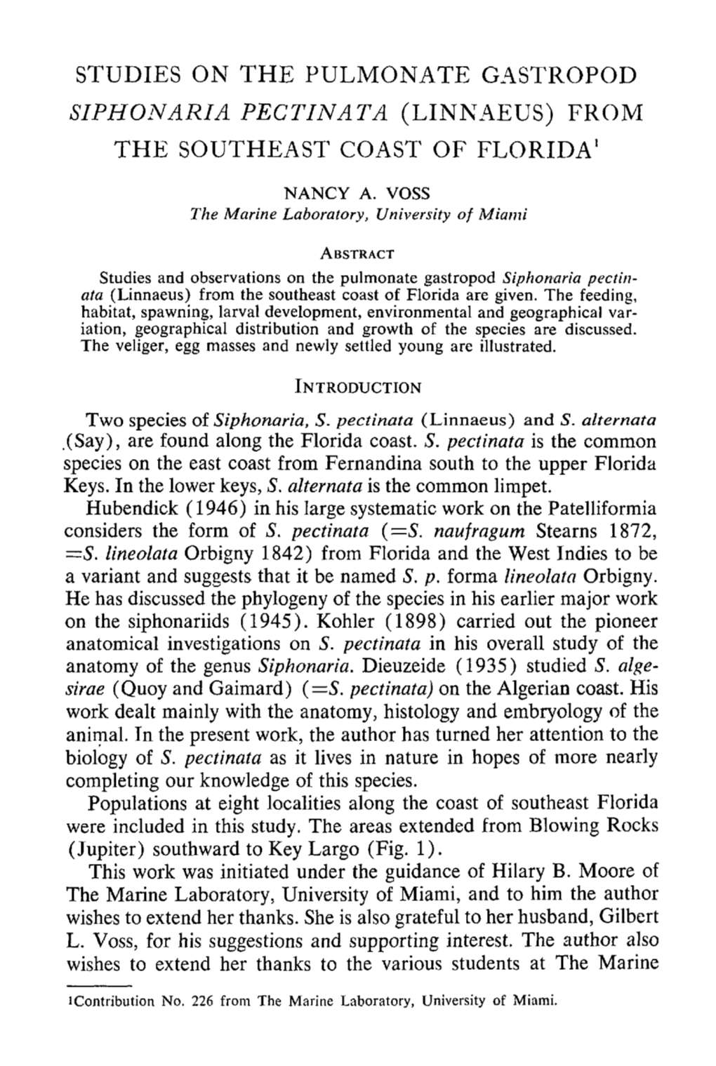 Studies on the Pulmonate Gastropod &lt;I&gt;Siphonaria Pectinata&lt;/I&gt;