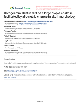 Ontogenetic Shift in Diet of a Large Elapid Snake Is Facilitated by Allometric Change in Skull Morphology